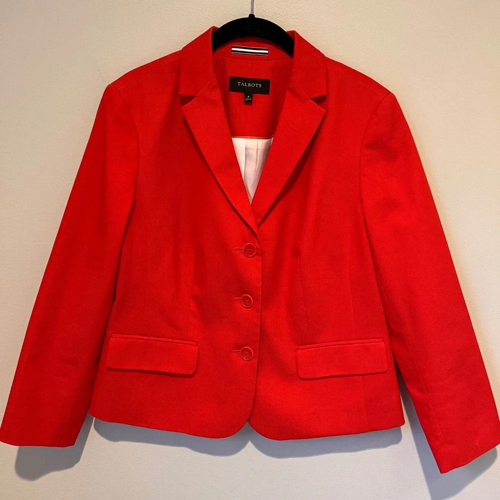 Talbots Classic Cotton Stretch Lined 3-Button Blazer in Tomato Notch Lapel‎ Sz 8